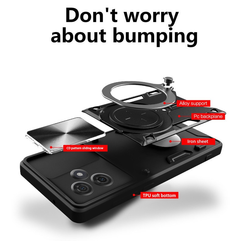 Husa telefon, pentru Motorola Moto G54 / G54 Power 5G, Capacul obiectivului camerei glisante, Inel rotativ 360 ° Kickstand, Auriu rose