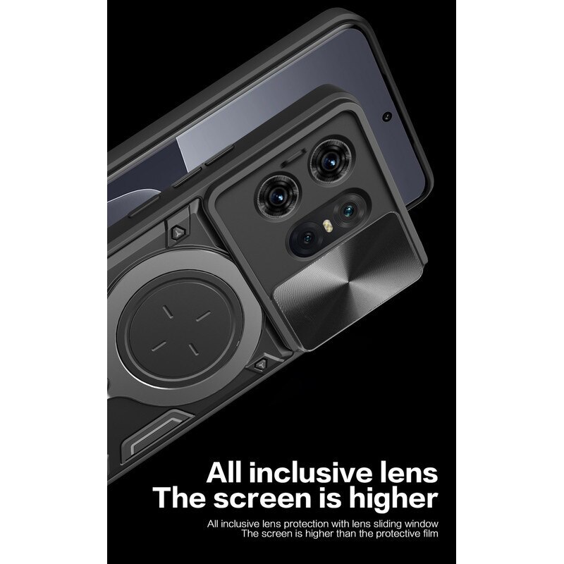 Husa telefon, pentru Motorola Edge 50 Pro 5G, Capacul obiectivului camerei glisante, Inel rotativ 360 ° Kickstand, Negru titan