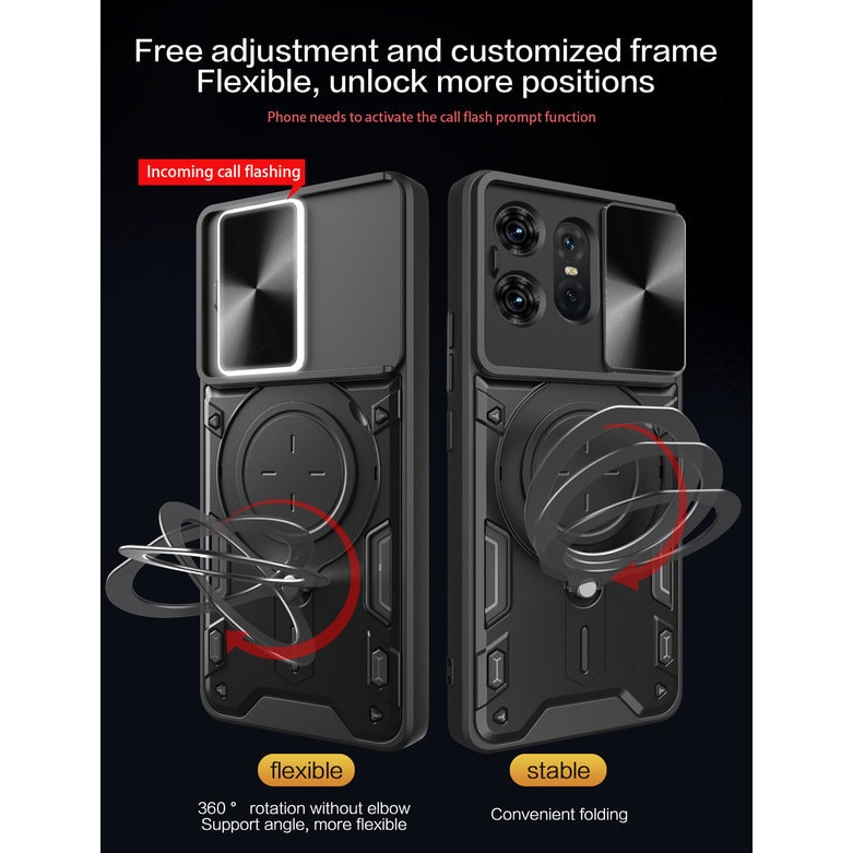 Husa telefon, pentru Motorola Edge 50 Pro 5G, Capacul obiectivului camerei glisante, Inel rotativ 360 ° Kickstand, Negru titan