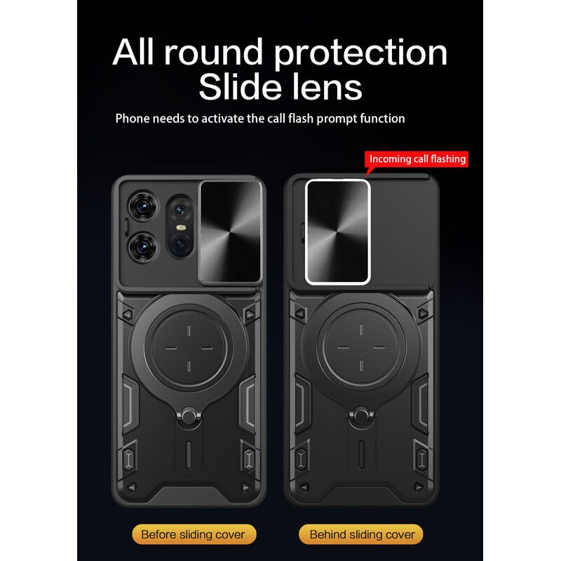 Husa telefon, pentru Motorola Edge 50 Pro 5G, Capacul obiectivului camerei glisante, Inel rotativ 360 ° Kickstand, Negru titan