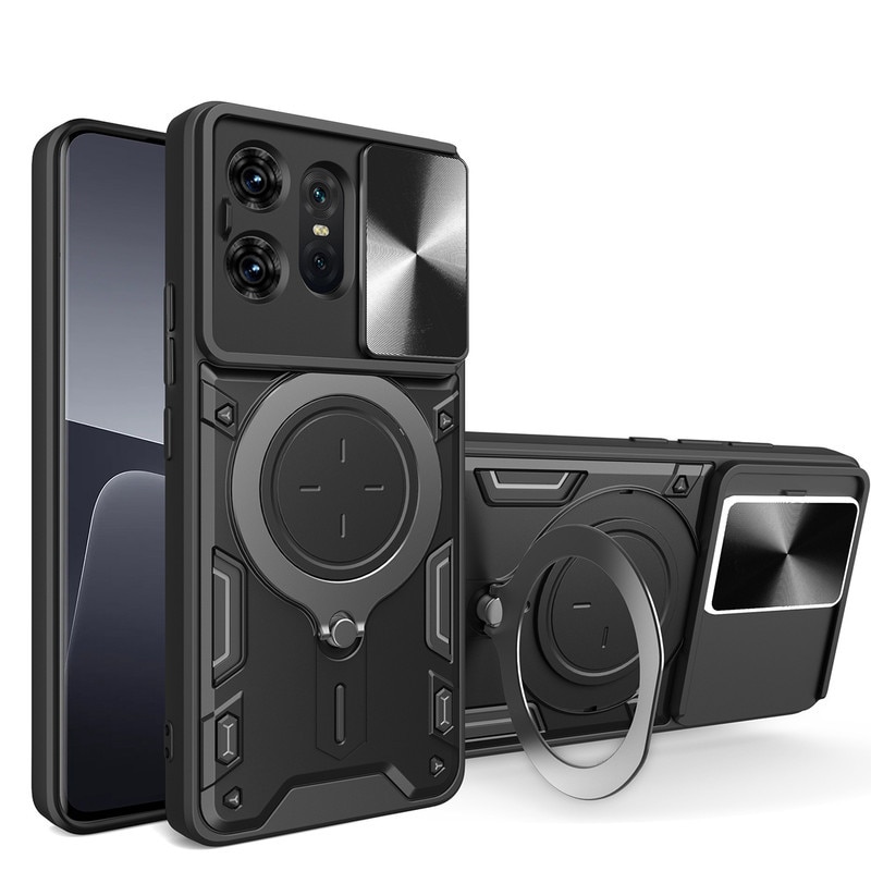 Husa telefon, pentru Motorola Edge 50 Pro 5G, Capacul obiectivului camerei glisante, Inel rotativ 360 ° Kickstand, Negru titan