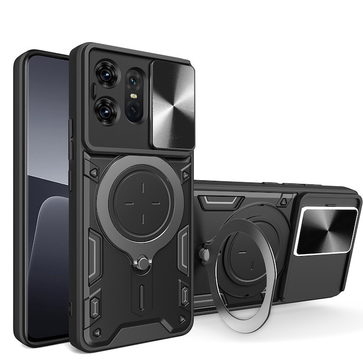 Husa telefon, pentru Motorola Edge 50 Pro 5G, Capacul obiectivului camerei glisante, Inel rotativ 360 ° Kickstand, Negru titan