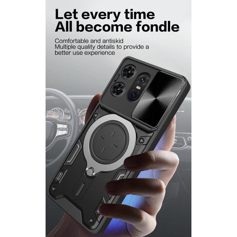 Husa telefon, pentru Motorola Edge 50 Pro 5G, Capacul obiectivului camerei glisante, Inel rotativ 360 ° Kickstand, Negru titan