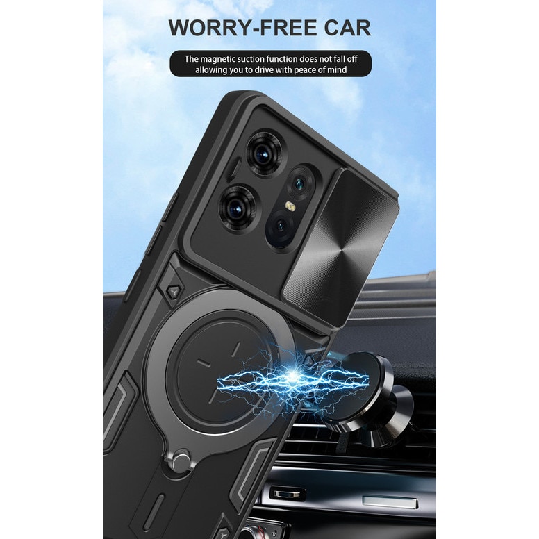 Husa telefon, pentru Motorola Edge 50 Pro 5G, Capacul obiectivului camerei glisante, Inel rotativ 360 ° Kickstand, Negru titan