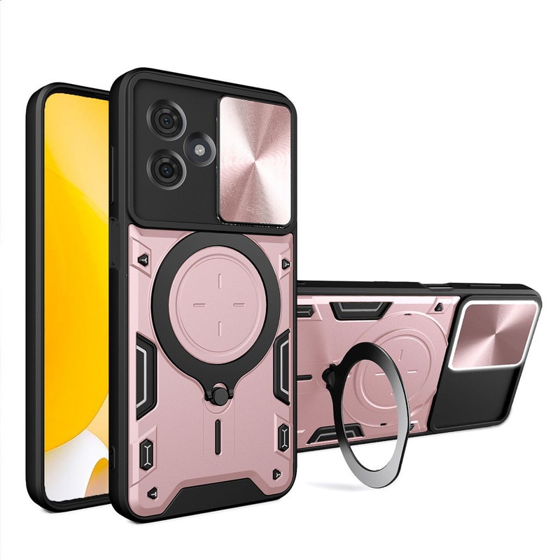 Husa telefon, pentru Motorola Moto G54 / G54 Power 5G, Capacul obiectivului camerei glisante, Inel rotativ 360 ° Kickstand, Auriu rose