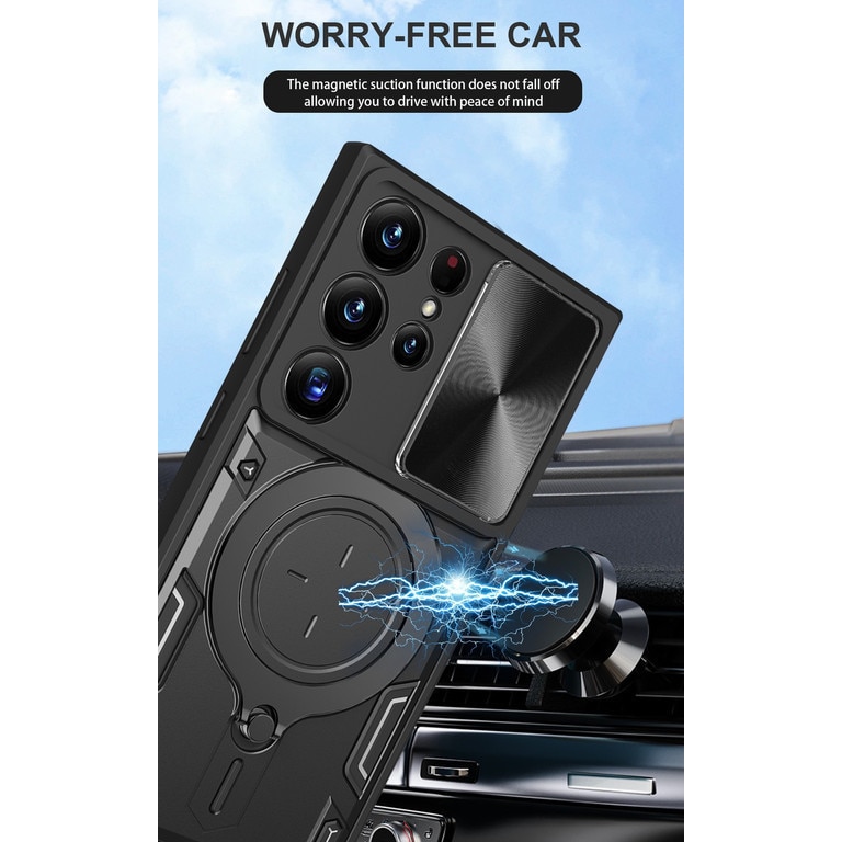 Husa telefon, pentru Samsung Galaxy S22 Ultra, Capacul obiectivului camerei glisante, Inel rotativ 360 ° Kickstand, Albastru denim