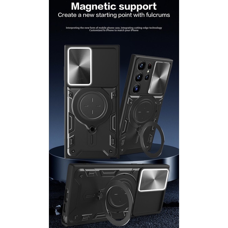 Husa telefon, pentru Samsung Galaxy S22 Ultra, Capacul obiectivului camerei glisante, Inel rotativ 360 ° Kickstand, Albastru denim