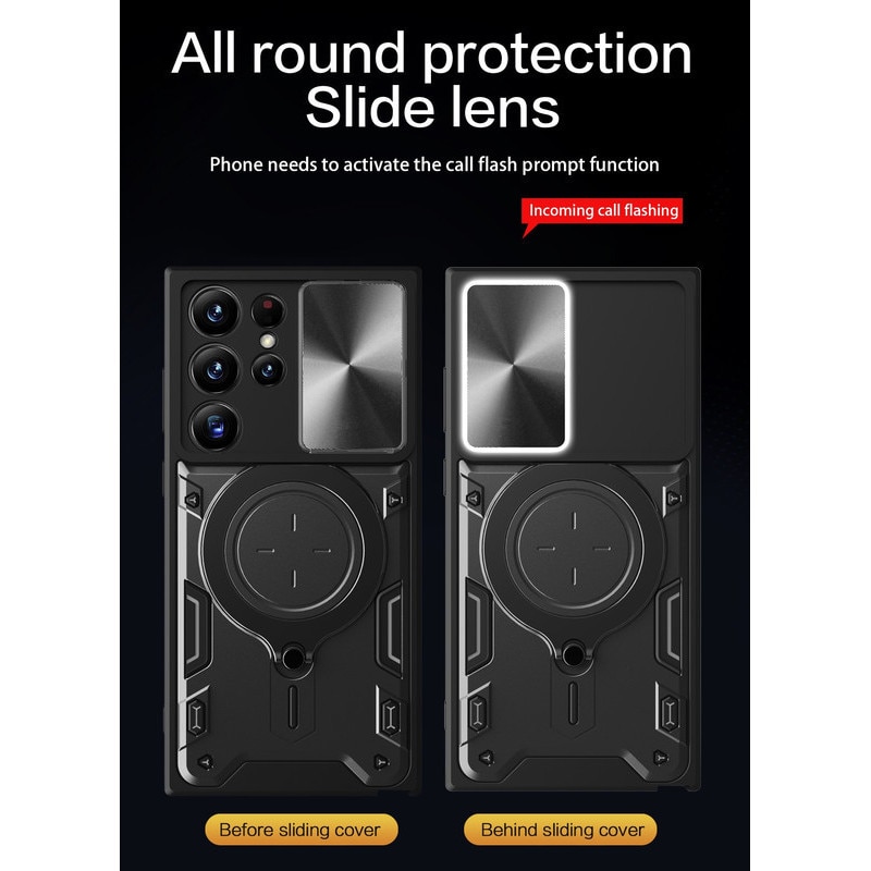 Husa telefon, pentru Samsung Galaxy S22 Ultra, Capacul obiectivului camerei glisante, Inel rotativ 360 ° Kickstand, Albastru denim