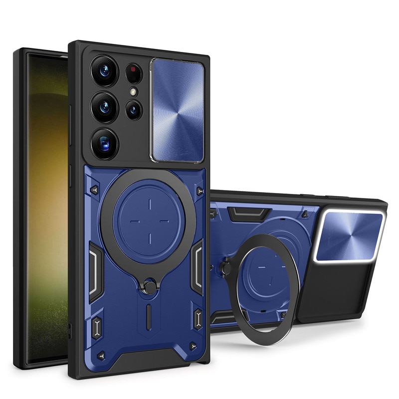 Husa telefon, pentru Samsung Galaxy S22 Ultra, Capacul obiectivului camerei glisante, Inel rotativ 360 ° Kickstand, Albastru denim