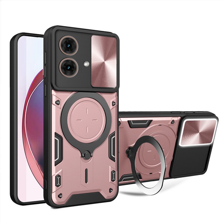 Husa telefon, pentru Motorola Moto G84 5G, Capacul obiectivului camerei glisante, Inel rotativ 360 ° Kickstand, Auriu rose