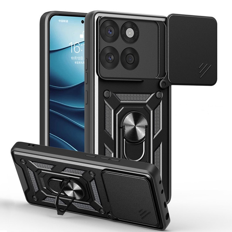 Husa telefon, pentru Motorola Edge 60 Pro 5G, Capac de obiectiv al camerei glisante, inel rotativ 360°, Negru