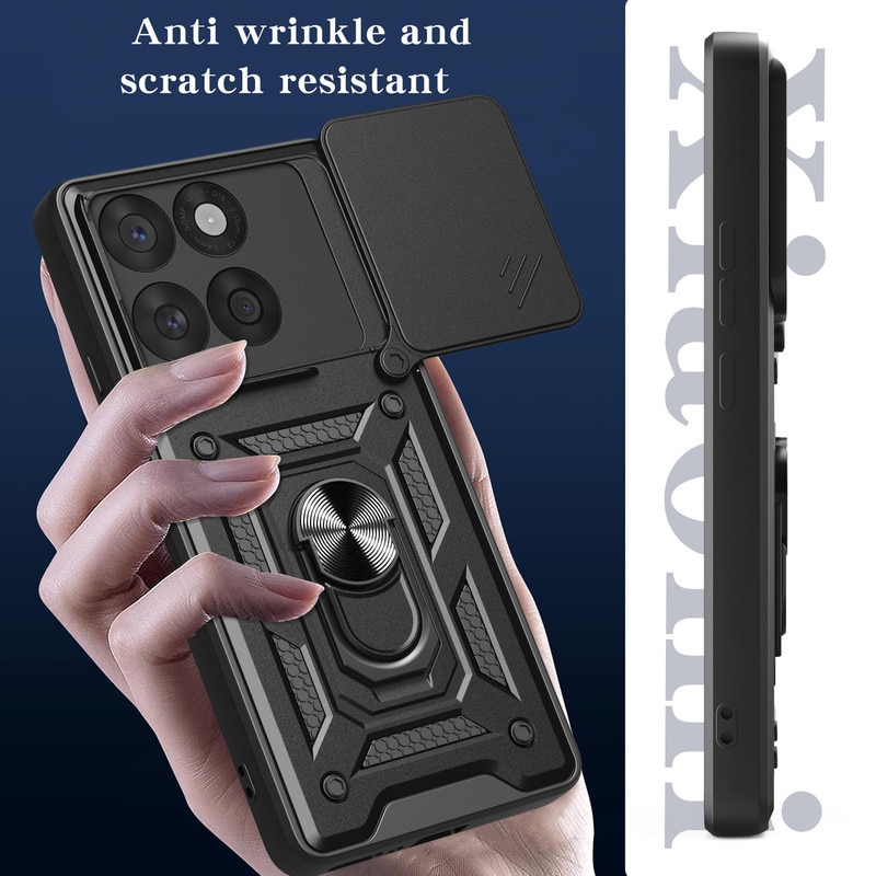 Husa telefon, pentru Motorola Edge 60 Pro 5G, Capac de obiectiv al camerei glisante, inel rotativ 360°, Negru