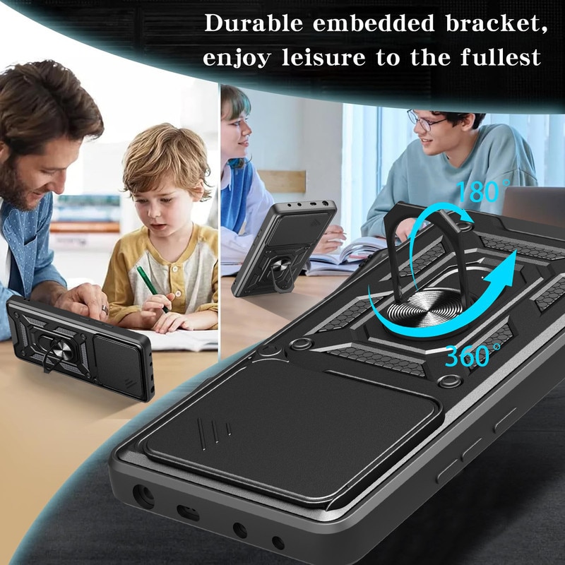 Husa telefon, pentru Motorola Edge 60 Pro 5G, Capac de obiectiv al camerei glisante, inel rotativ 360°, Negru