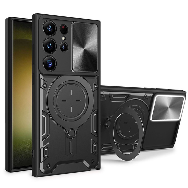 Калъф за телефон, за Samsung Galaxy S22 Ultra, Плъзгащ се капак на обектива на камерата, Въртяща се на 360° стойка, Черен титан