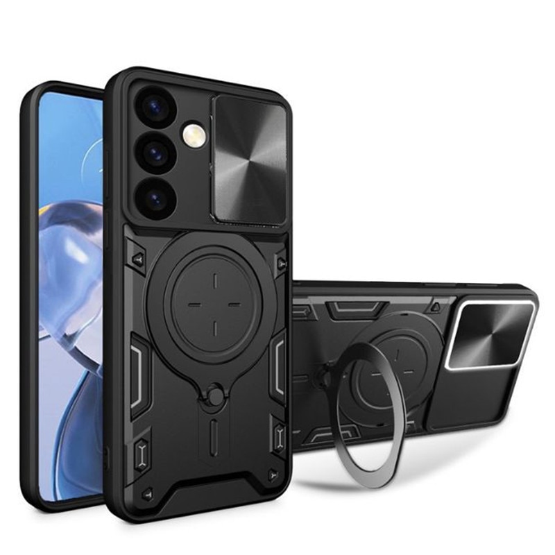 Husa telefon, pentru Samsung Galaxy S25, Capacul obiectivului camerei glisante, Inel rotativ 360 ° Kickstand, Negru titan