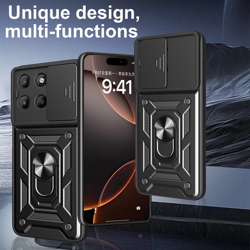 Husa telefon, pentru Motorola Moto G15, Capac de obiectiv al camerei glisante, inel rotativ 360°, Negru