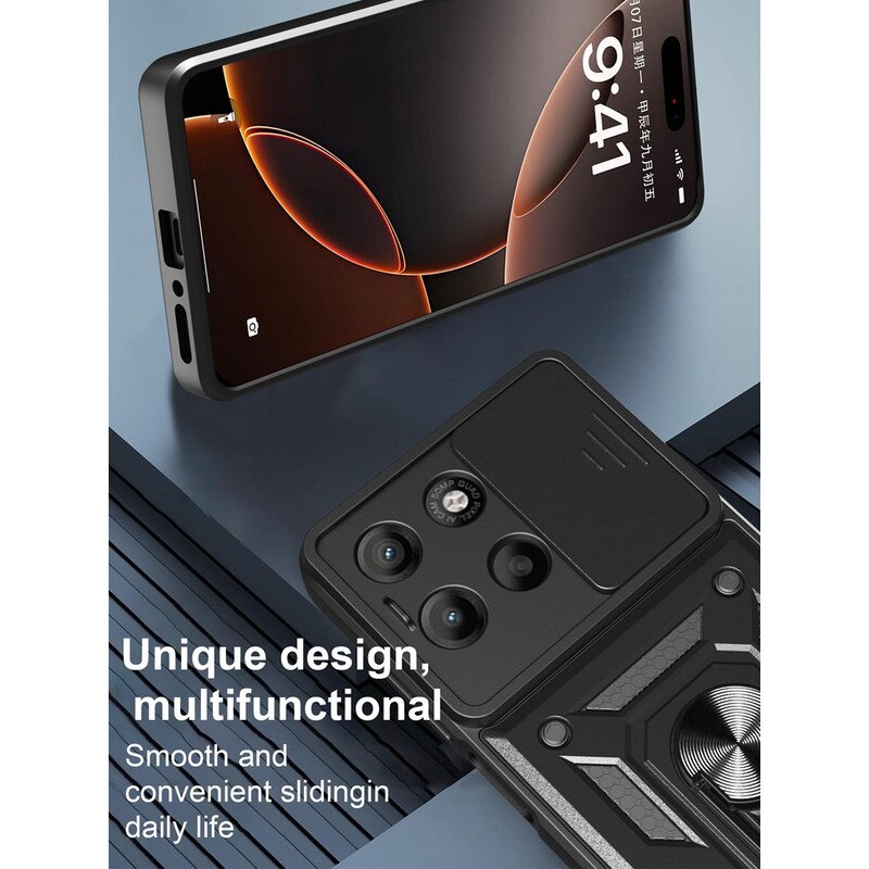 Husa telefon, pentru Motorola Moto G15, Capac de obiectiv al camerei glisante, inel rotativ 360°, Negru