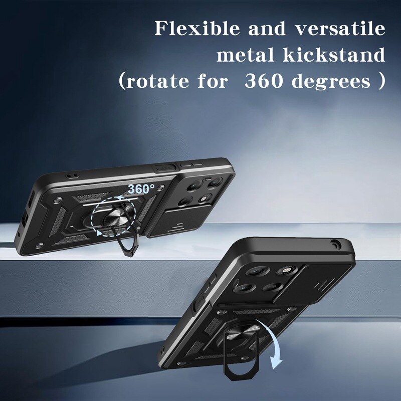 Husa telefon, pentru Motorola Moto G15, Capac de obiectiv al camerei glisante, inel rotativ 360°, Negru