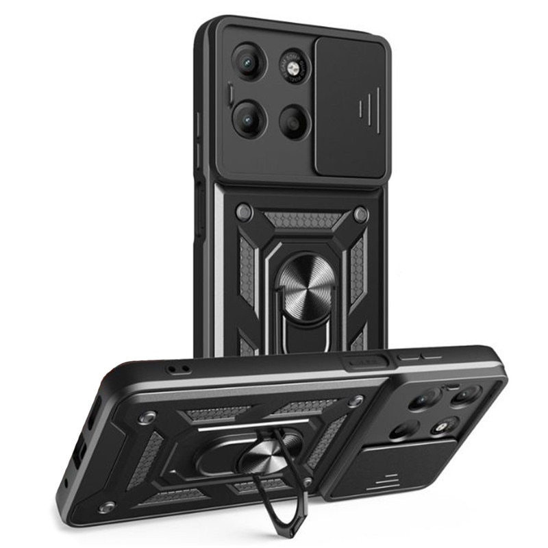 Husa telefon, pentru Motorola Moto G15, Capac de obiectiv al camerei glisante, inel rotativ 360°, Negru