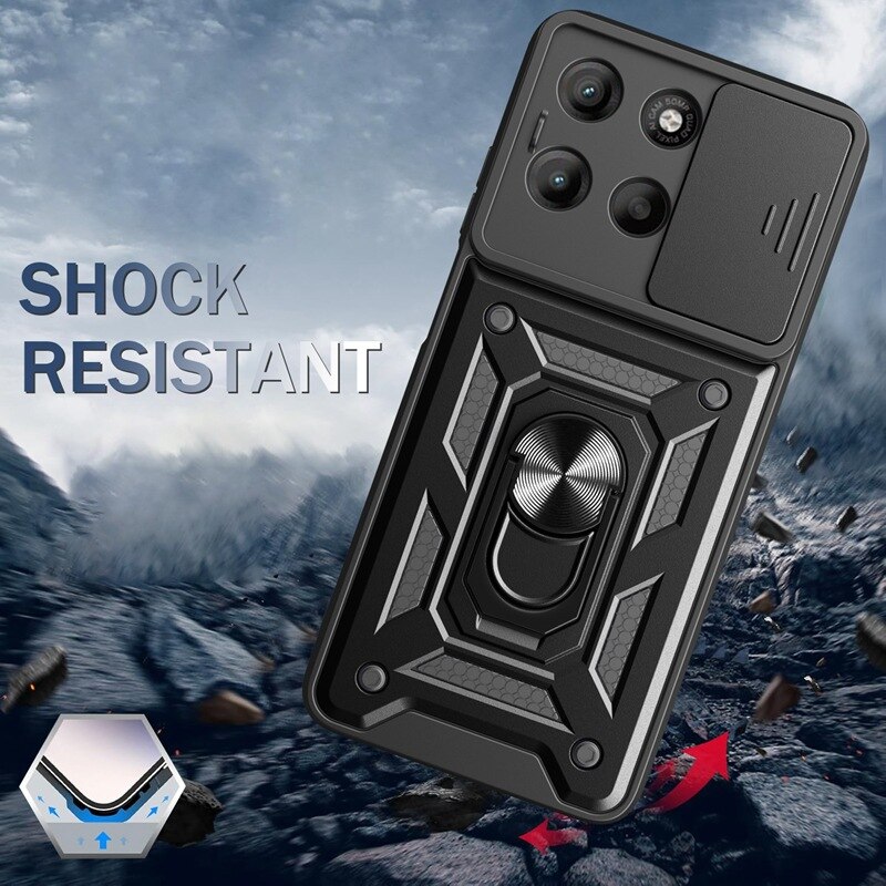 Husa telefon, pentru Motorola Moto G15, Capac de obiectiv al camerei glisante, inel rotativ 360°, Negru