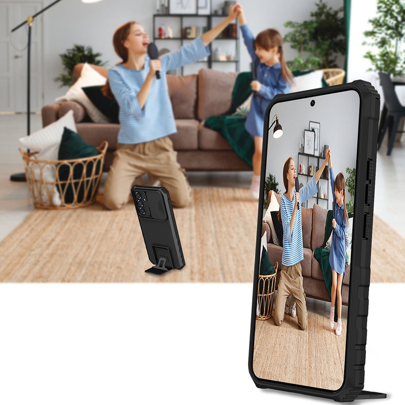 Husa telefon, pentru Samsung Galaxy A36/ Galaxy A56, Fereastra glisanta, suport inovator, Alb mat