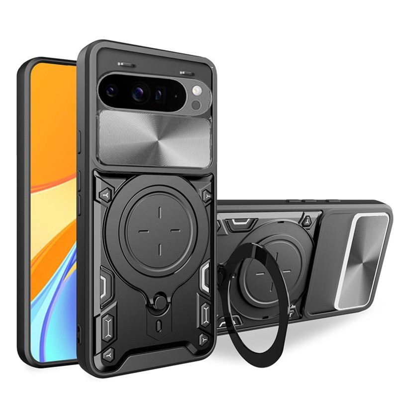 Husa telefon, pentru Google Pixel 9 Pro XL, Capacul obiectivului camerei glisante, Inel rotativ 360 ° Kickstand, Negru titan