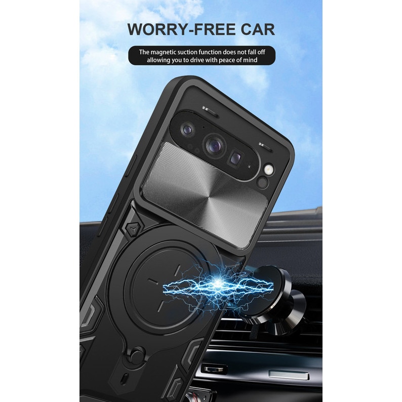 Husa telefon, pentru Google Pixel 9 Pro XL, Capacul obiectivului camerei glisante, Inel rotativ 360 ° Kickstand, Negru titan