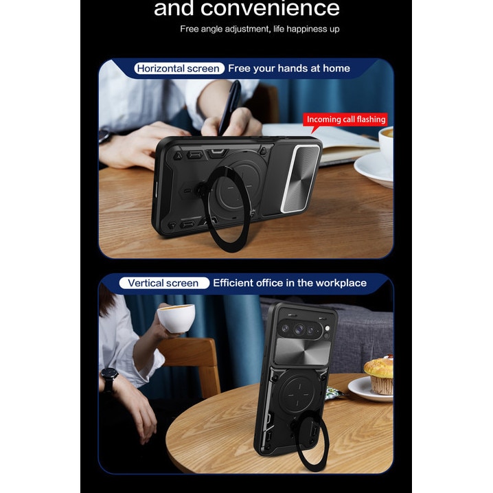 Husa telefon, pentru Google Pixel 9 Pro XL, Capacul obiectivului camerei glisante, Inel rotativ 360 ° Kickstand, Negru titan