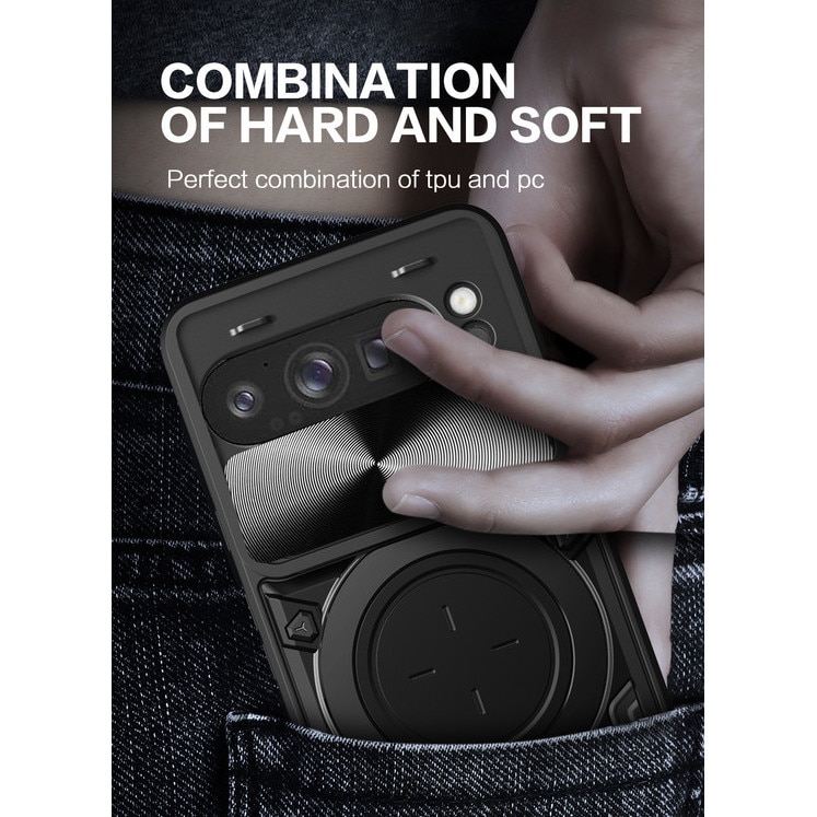 Husa telefon, pentru Google Pixel 9 Pro XL, Capacul obiectivului camerei glisante, Inel rotativ 360 ° Kickstand, Negru titan