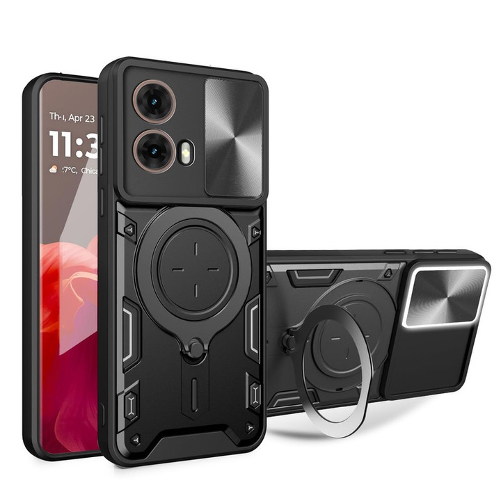 Husa telefon, pentru Motorola Moto G85 5G, Capacul obiectivului camerei glisante, Inel rotativ 360 ° Kickstand, Negru titan
