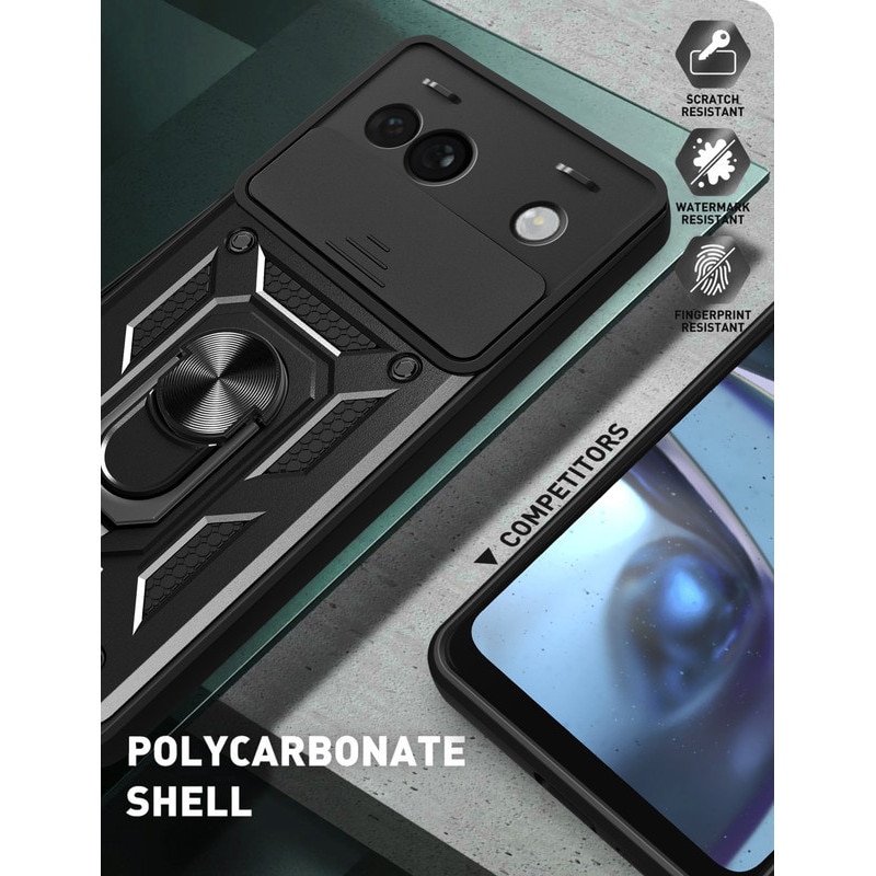 Husa telefon, pentru Google Pixel 8a 5G, Capac de obiectiv al camerei glisante, inel rotativ 360°, Albastru