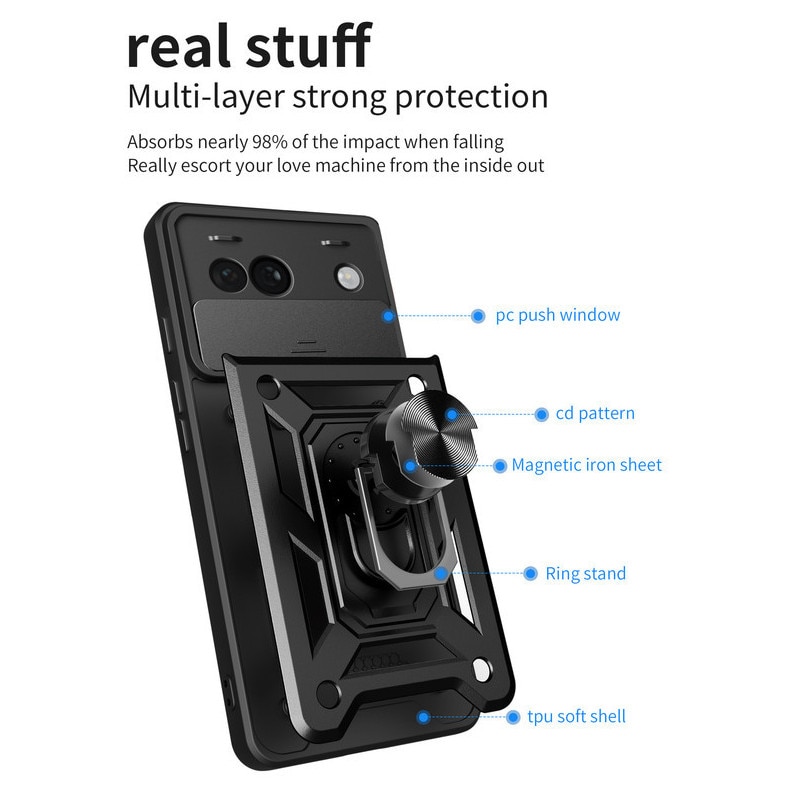 Husa telefon, pentru Google Pixel 8a 5G, Capac de obiectiv al camerei glisante, inel rotativ 360°, Albastru