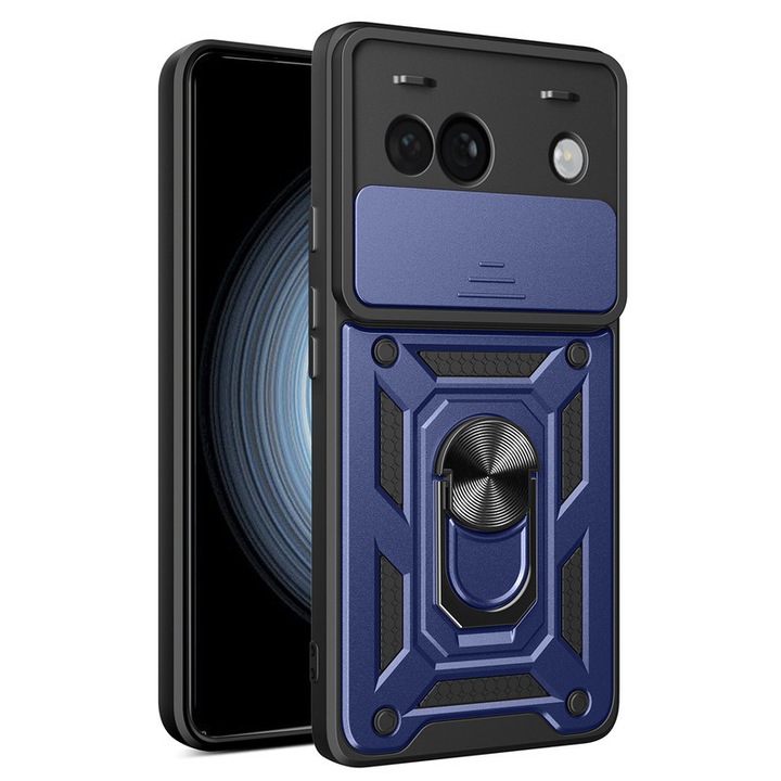 Husa telefon, pentru Google Pixel 8a 5G, Capac de obiectiv al camerei glisante, inel rotativ 360°, Albastru