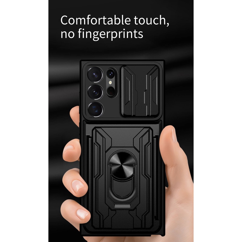 Husa telefon, pentru Samsung Galaxy S22 Ultra, Capacul obiectivului camerei glisante, Inel rotativ 360 ° Kickstand, Negru stralucitor
