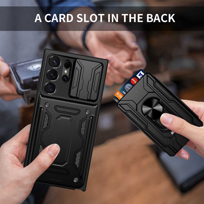 Husa telefon, pentru Samsung Galaxy S22 Ultra, Capacul obiectivului camerei glisante, Inel rotativ 360 ° Kickstand, Negru stralucitor