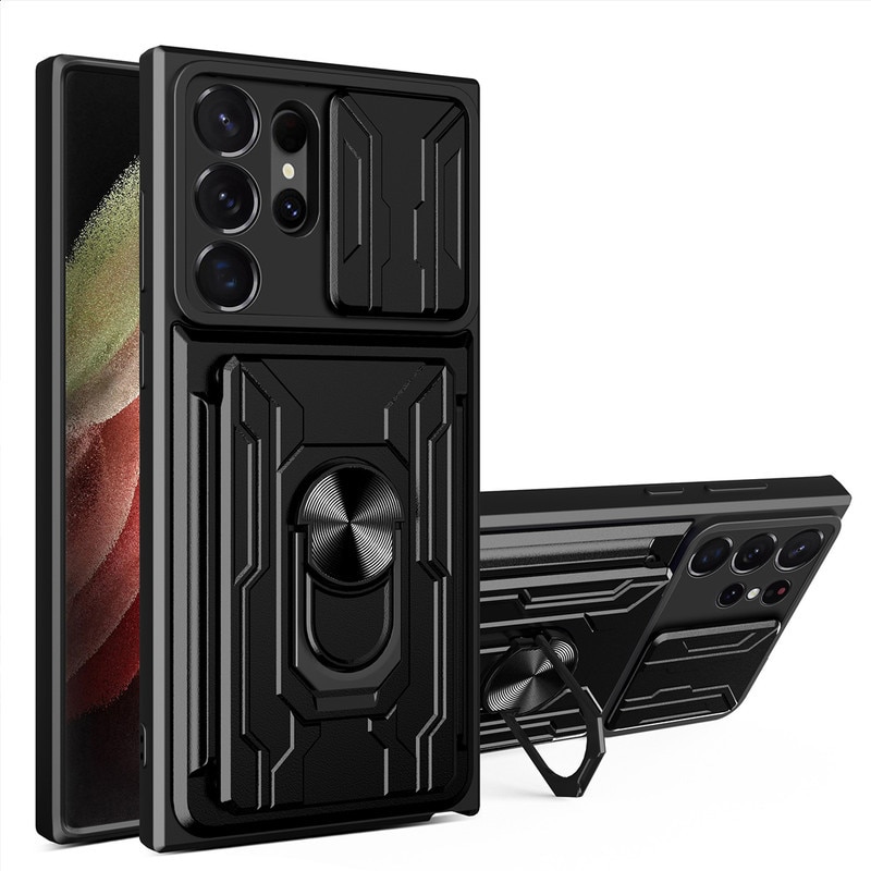 Husa telefon, pentru Samsung Galaxy S22 Ultra, Capacul obiectivului camerei glisante, Inel rotativ 360 ° Kickstand, Negru stralucitor