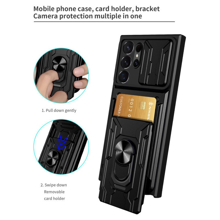 Husa telefon, pentru Samsung Galaxy S22 Ultra, Capacul obiectivului camerei glisante, Inel rotativ 360 ° Kickstand, Negru stralucitor