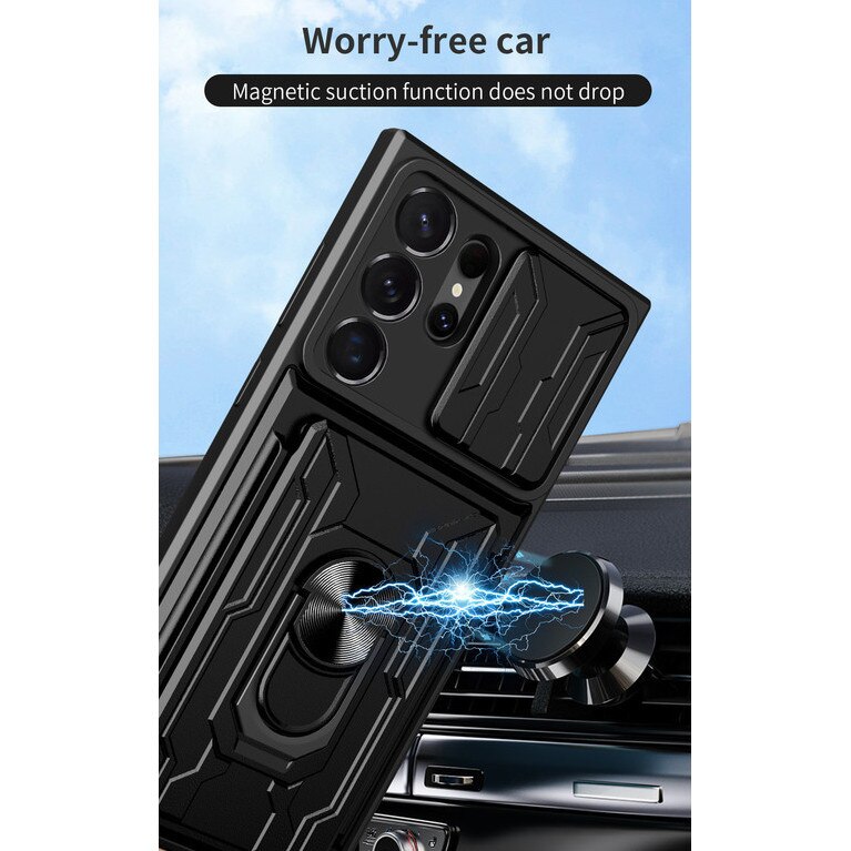 Husa telefon, pentru Samsung Galaxy S22 Ultra, Capacul obiectivului camerei glisante, Inel rotativ 360 ° Kickstand, Negru stralucitor
