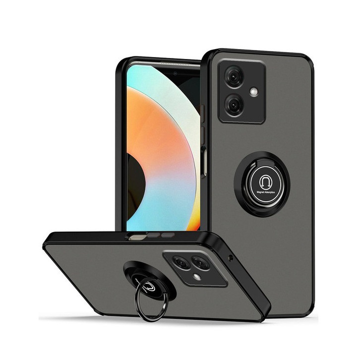 Калъф за телефон, за Motorola Moto G54 5G 360 ° въртящ се пръстен с поставка, тънък тънък компютър и удароустойчив TPU, прозрачен, черен