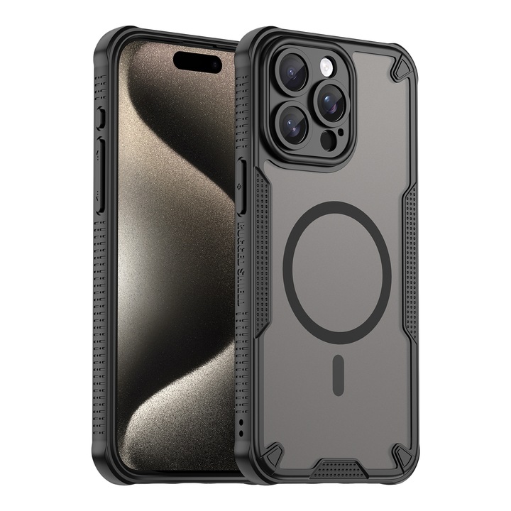 Калъф за телефон, за iPhone 15 Pro Max, магнитна броня, удобно масло, водоустойчив TPU + мек PC, полупрозрачно матово усещане, черен, прозрачен