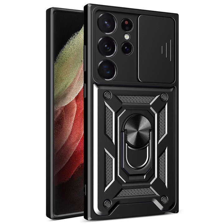 Калъф за телефон, за Samsung Galaxy S23 Ultra 5G, плъзгащ се капак на обектива на камерата, въртящ се на 360° пръстен, черен