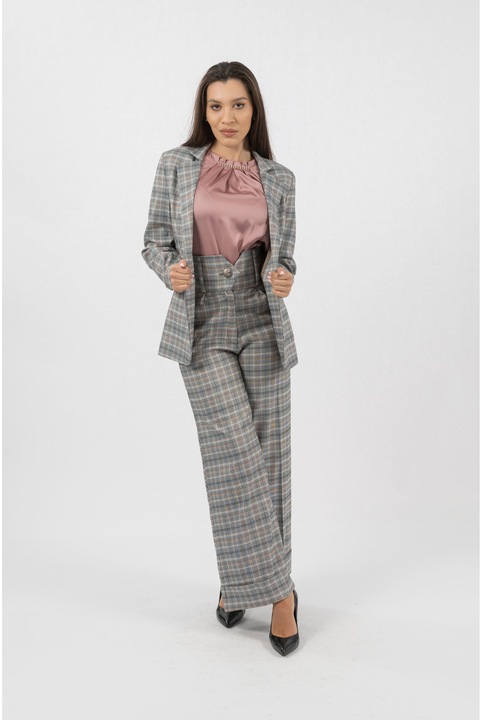 Елегантен комплект: Блуза в цвят розова пудра, сако и сиви панталони, Розова пудра/Сив