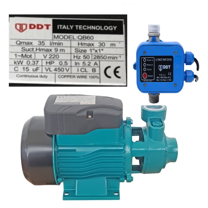 Promóciós csomag Felszíni szivattyú DDT QB60, 370 W, szívó 7 m, nyomó 30 m, RÉZ TEKERCS + Automatikus elektronikus nyomáskapcsoló DDT LS1, 1,1 kW, 10 bar