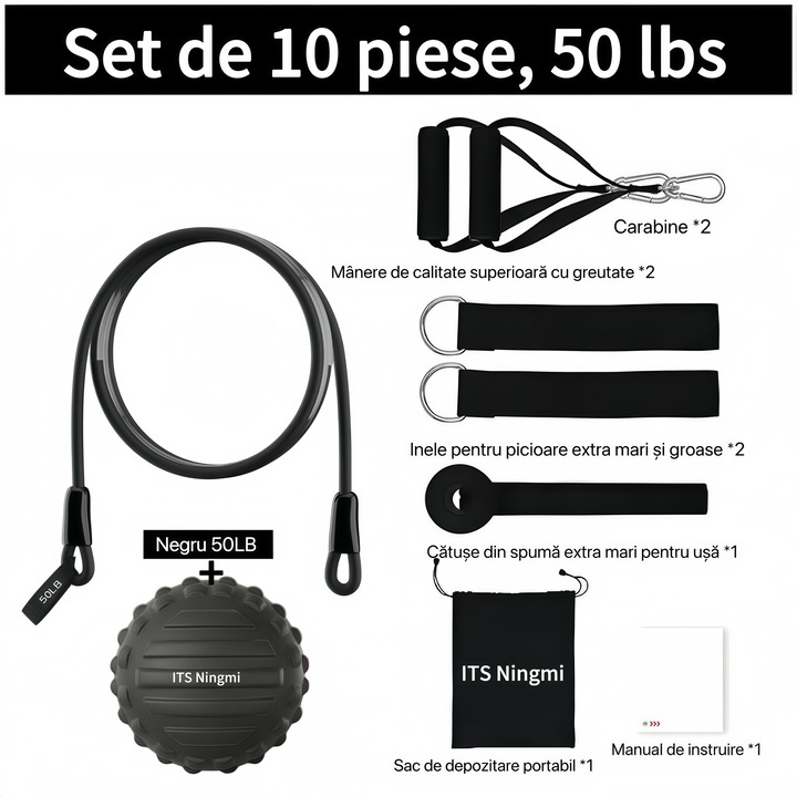 Еластична лента за съпротивление, с топка за фасциален масаж, дръжки, котва за врата и ленти за глезени – идеална за интензивни тренировки за съпротивление, физиотерапия, мускулни тренировки, йога и упражнения у дома – 50LBS