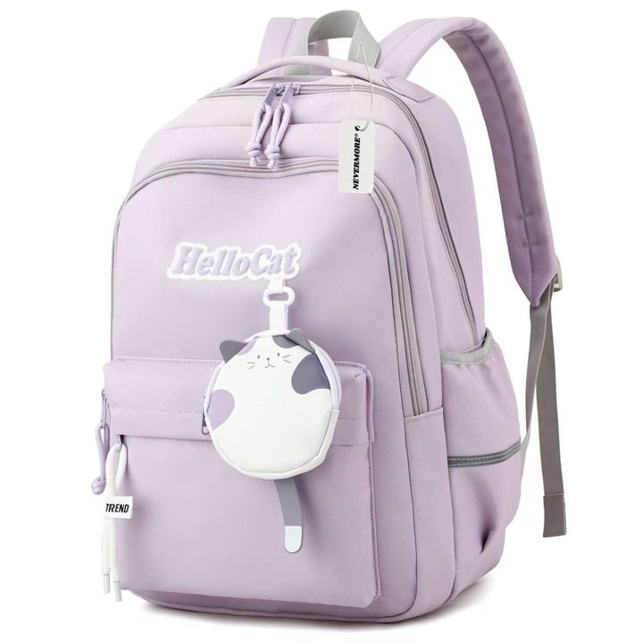 Ghiozdan scoala, NEVERMORE, Logo Hello Cat, Rezistent la apa, Nylon, 44 x 28 x 13 cm, Mov