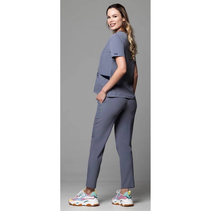 Costum medical de dama TAG ONYX Premium, Gri cu paspoal Bleumarin, S