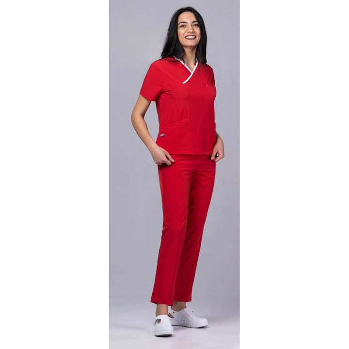 Costum medical de dama TAG ONYX Premium, Rosu cu paspoal Alb, L