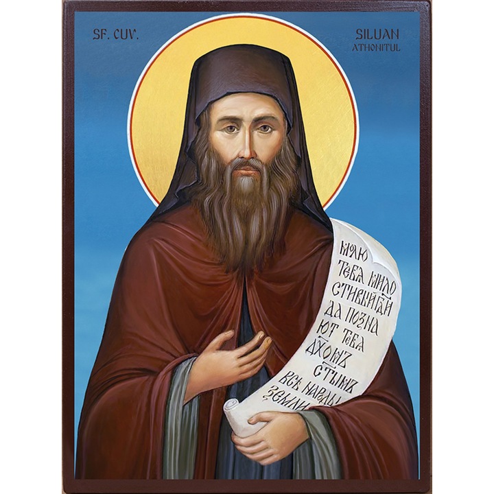 Icoana Sticker cu Cu Sf. Siluan Athonitul Lucru Manual Unicat Cu Fundal Albastru, autoadeziv, Cri-Flo, Marime 6 cm