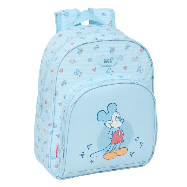 Rucsac Copii Mickey Mouse Baby, Albastru Deschis, 28x34x10 cm, Cu Roti, +3 Ani, Safta, Ghiozdan Prescolar