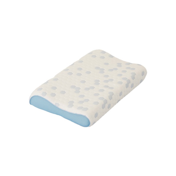 Nordic Schiller Cooler viszkóz ortopédiai párna nyaktámasztással, hűsítő hatású viszkózus gél habból, ergonomikus, mosható 3D hálós huzattal, 60x40x11/9cm, világos szürke kék elemekkel